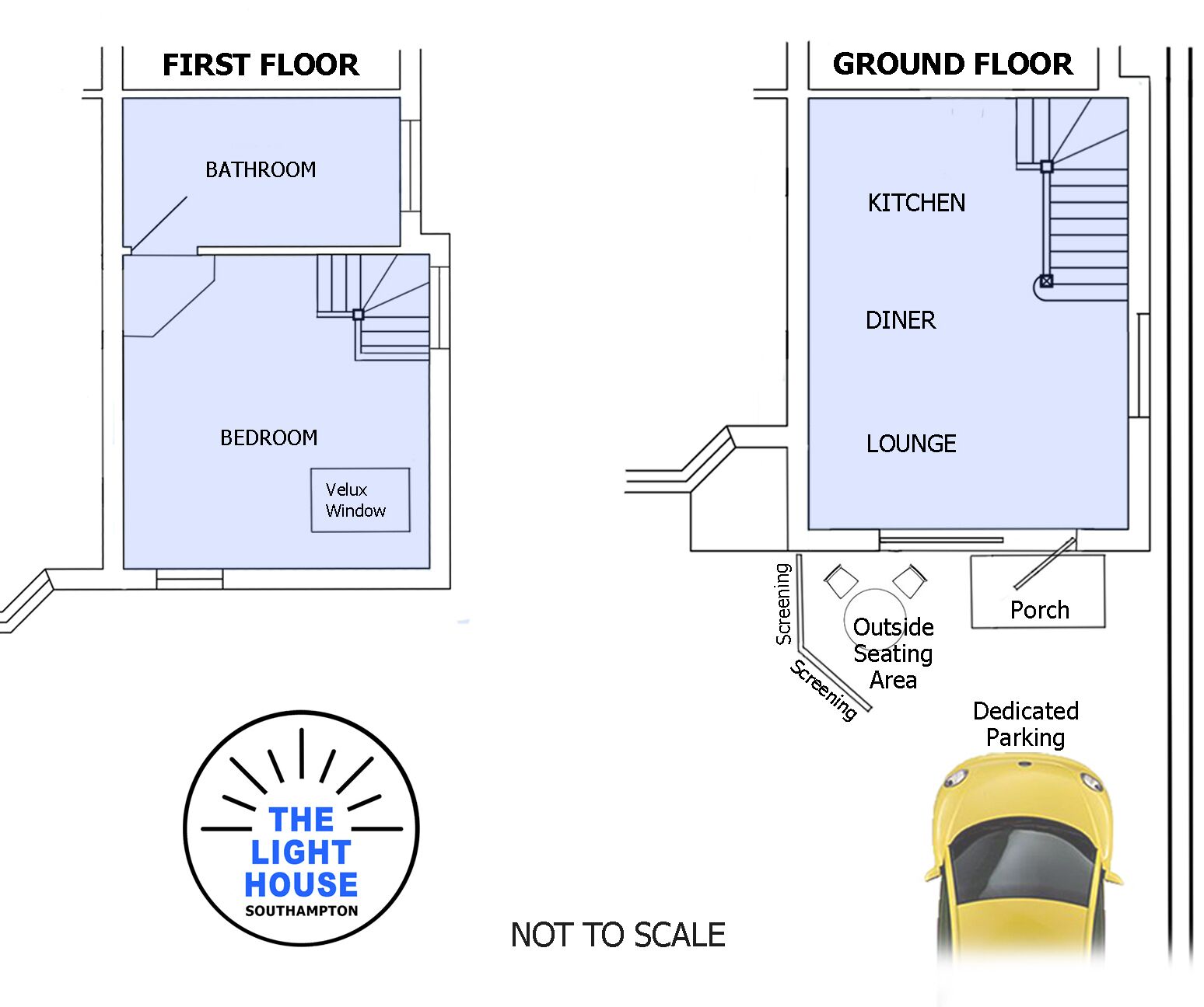 Grundrisse von The Light House Southampton, einschließlich der ersten Etage mit Bad, Schlafzimmer und Balkon, sowie der Erdgeschosswohnung mit Küche, Essbereich, Wohnzimmer und Kinobereich.