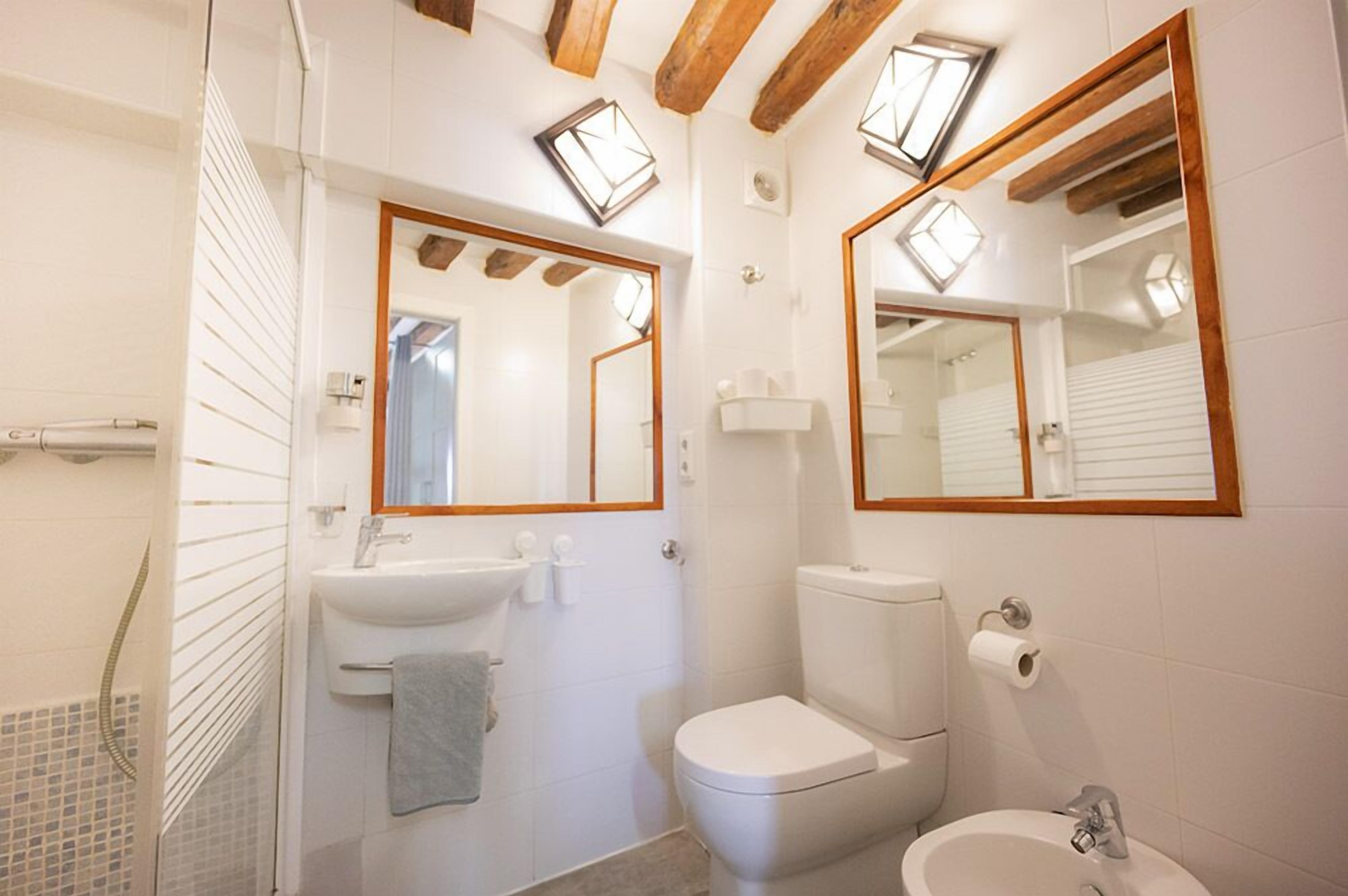 Une salle de bain équipée de toilettes, d’un lavabo et d’un bidet, avec des poutres en bois et des murs recouverts de miroirs.