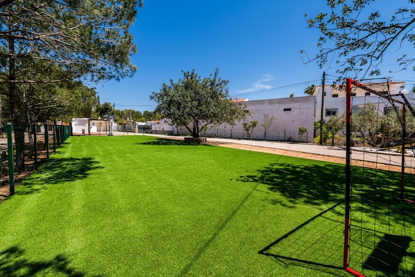 A well-maintained grassy area with a goalpost, surrounded by trees and a building in the background.