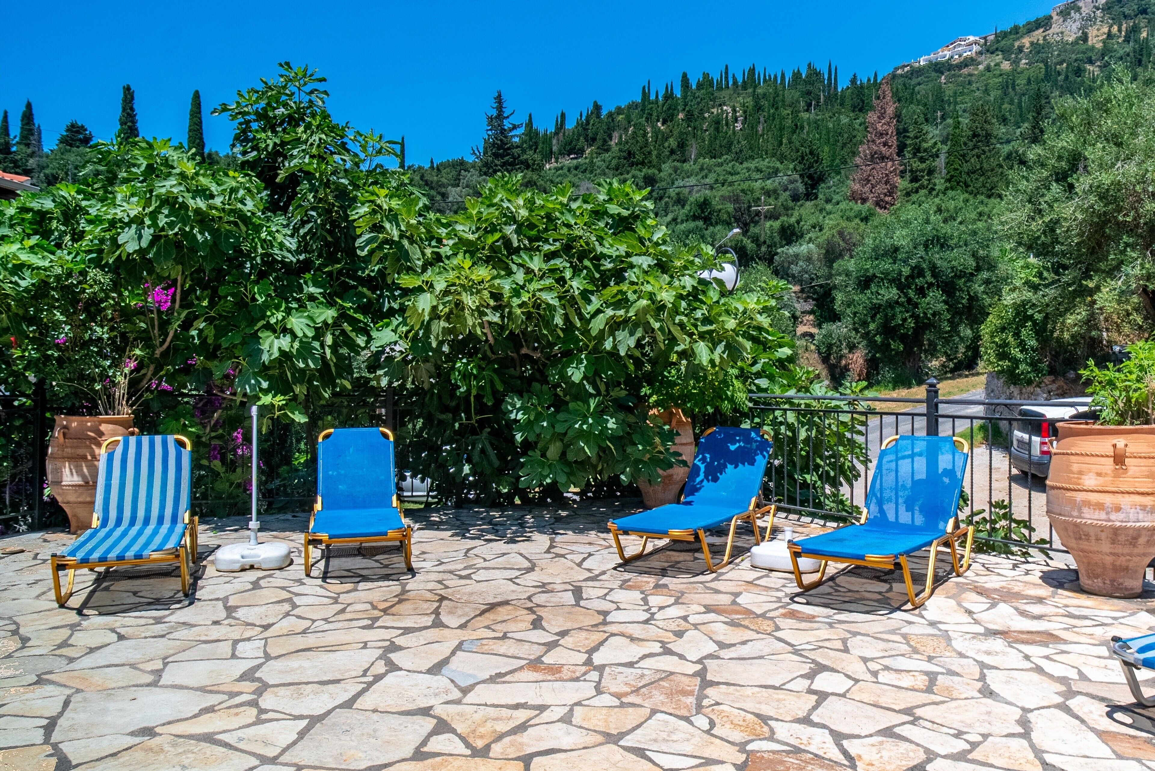 Une terrasse en pierre avec quatre chaises longues bleues, entourée de plantes en pot et offrant une vue sur un paysage montagneux.