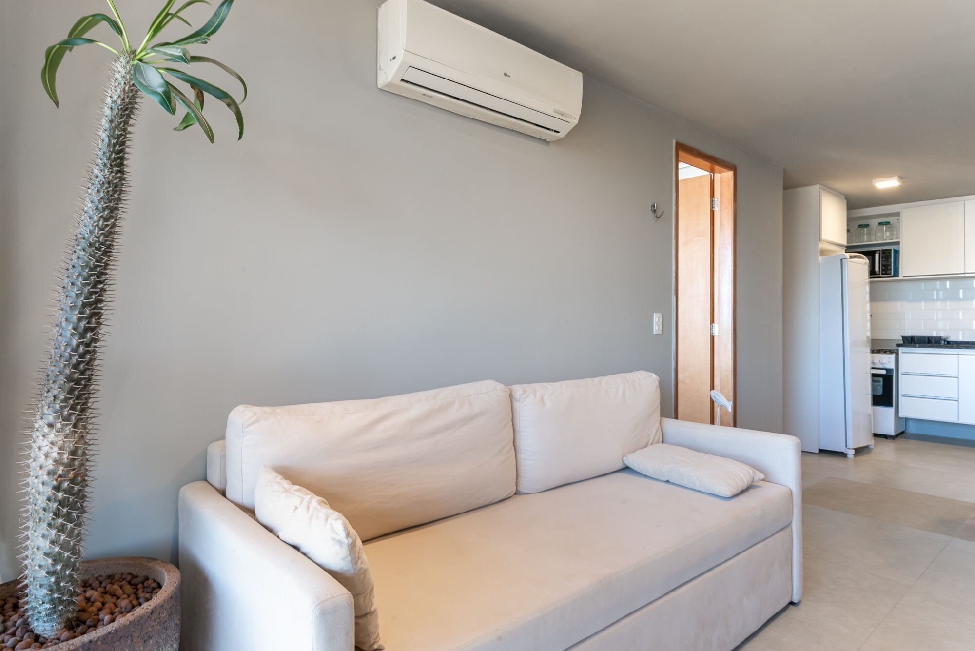 Un salón moderno con un sofá blanco, una planta de cactus y un equipo de aire acondicionado en la pared.