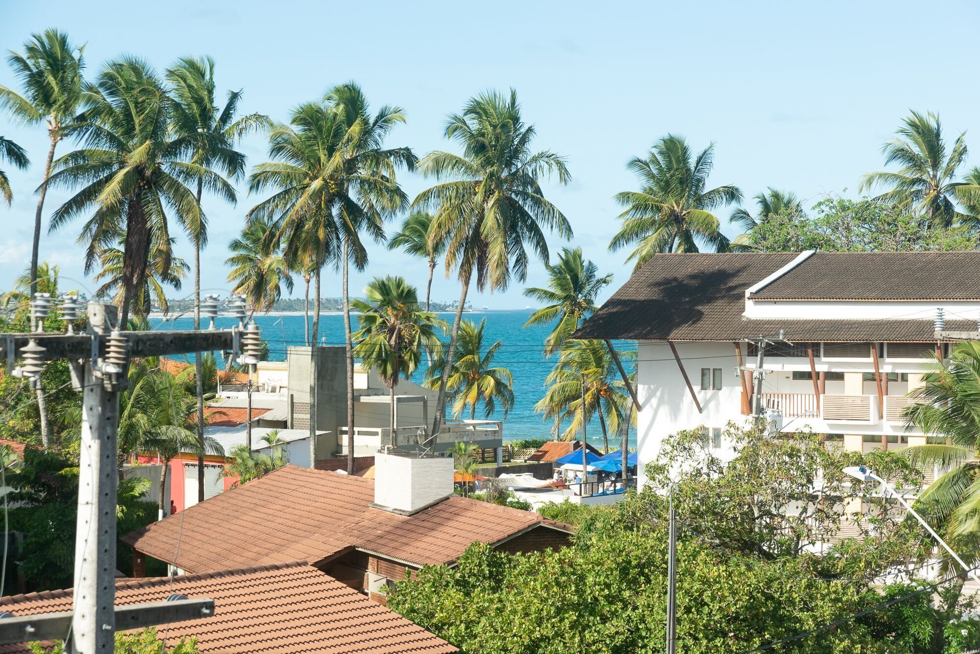 A coastal view with palm trees, a beach, and a white building with a tiled roof.