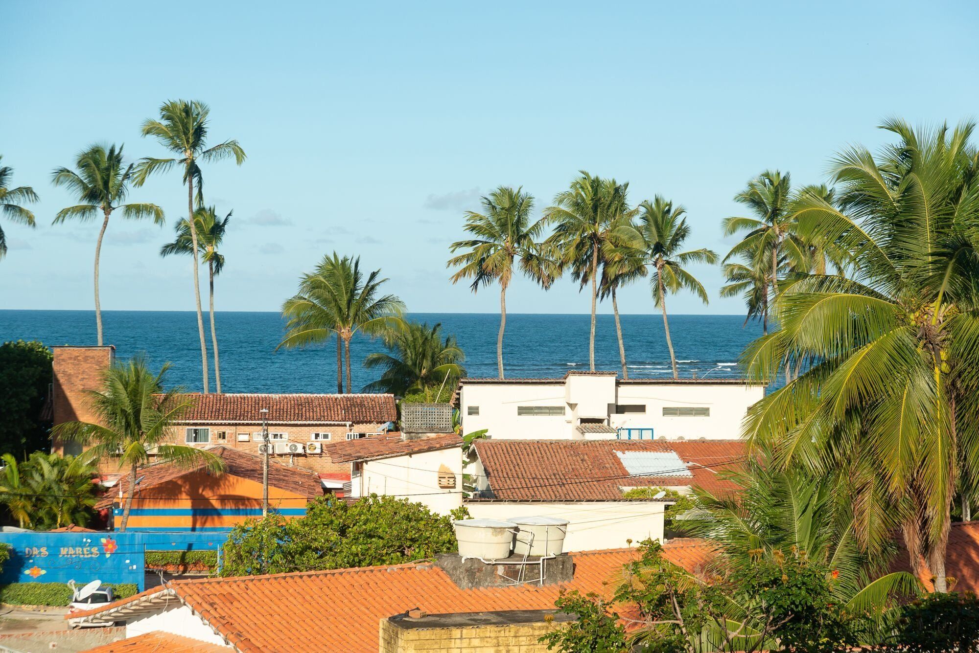 A coastal town with palm trees, a clear blue sky, and the ocean in the background.