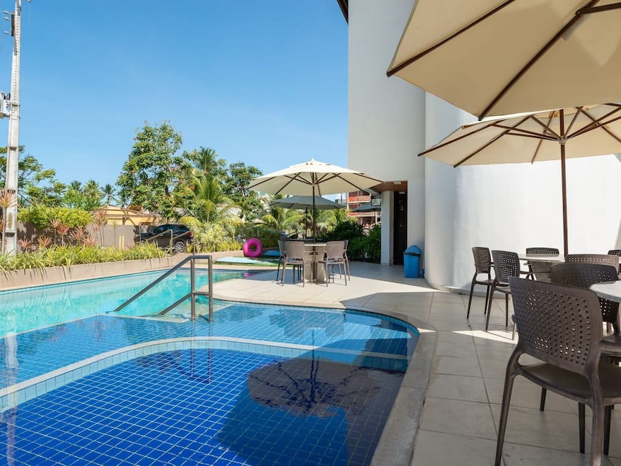 Outdoor pool, pool umbrellas, pool loungers