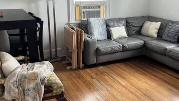 TV, fireplace, books, video library