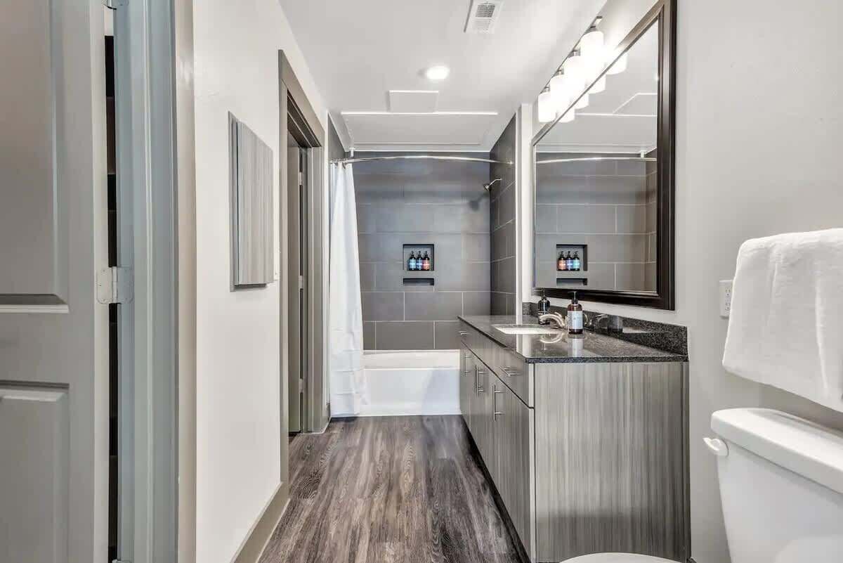 Combined shower/bathtub, hair dryer, shampoo