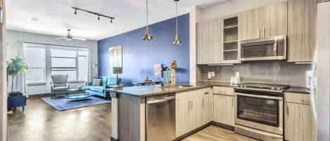 Fridge, microwave, oven, stovetop