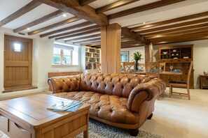 TV, fireplace, books, stereo