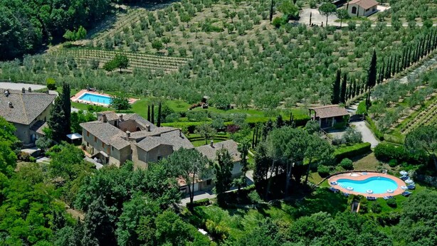 A residential area with multiple houses, a swimming pool, and vineyard rows. - 'La Ripa - Apartment I Ghiri' with Shared Pool & Wi-Fi (San Gimignano)