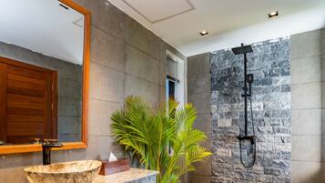 Shower, hydromassage showerhead, designer toiletries, hair dryer