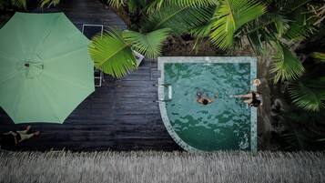 An aerial view of a swimming pool surrounded by palm trees, with a green umbrella and a wooden deck.