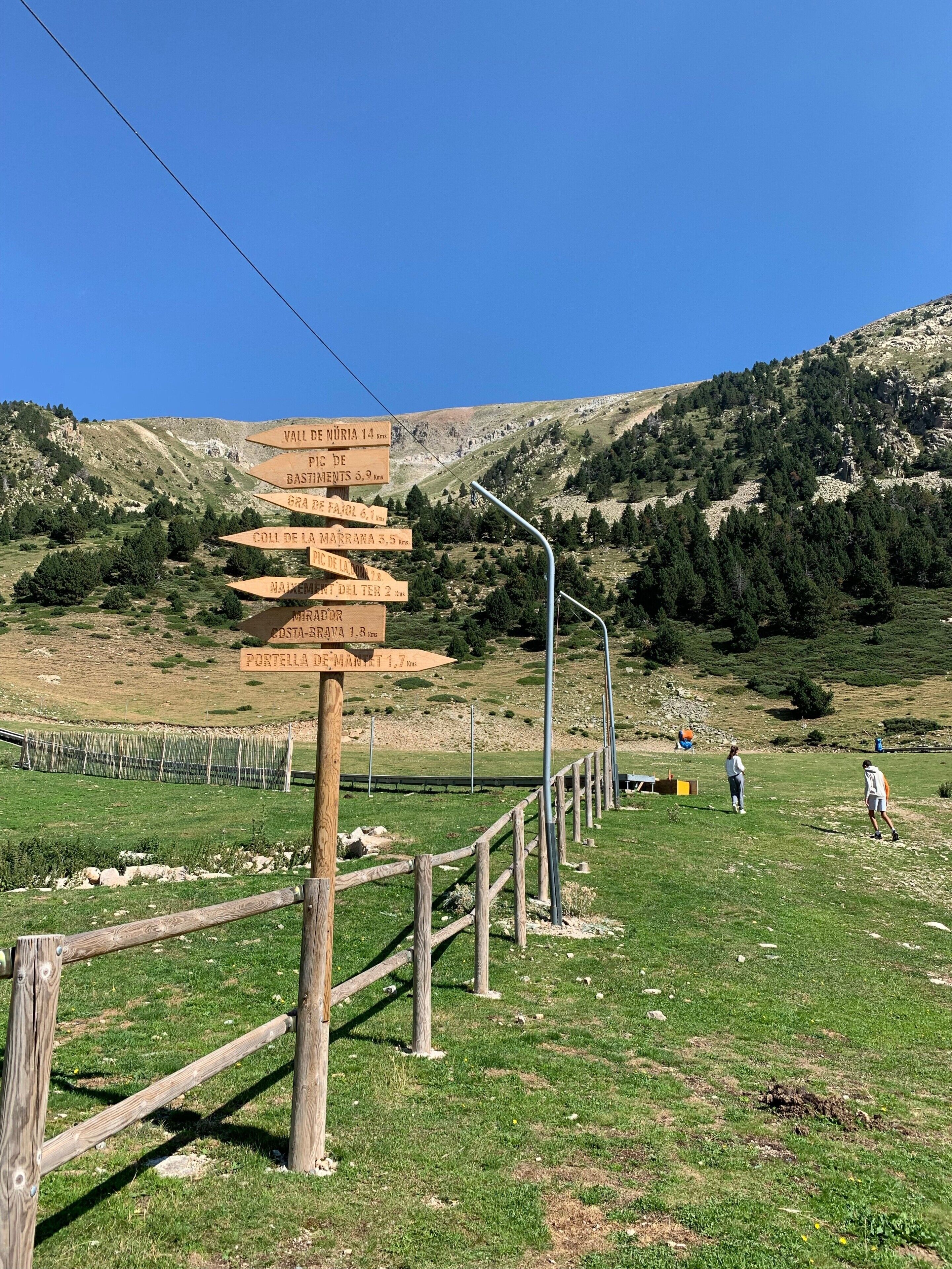 Un panneau indicateur en bois, doté de plusieurs flèches directionnelles, se dresse dans un champ herbeux, avec une chaîne de montagnes en arrière-plan.
