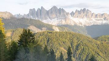 Un paisaje montañoso con una cama en primer plano.