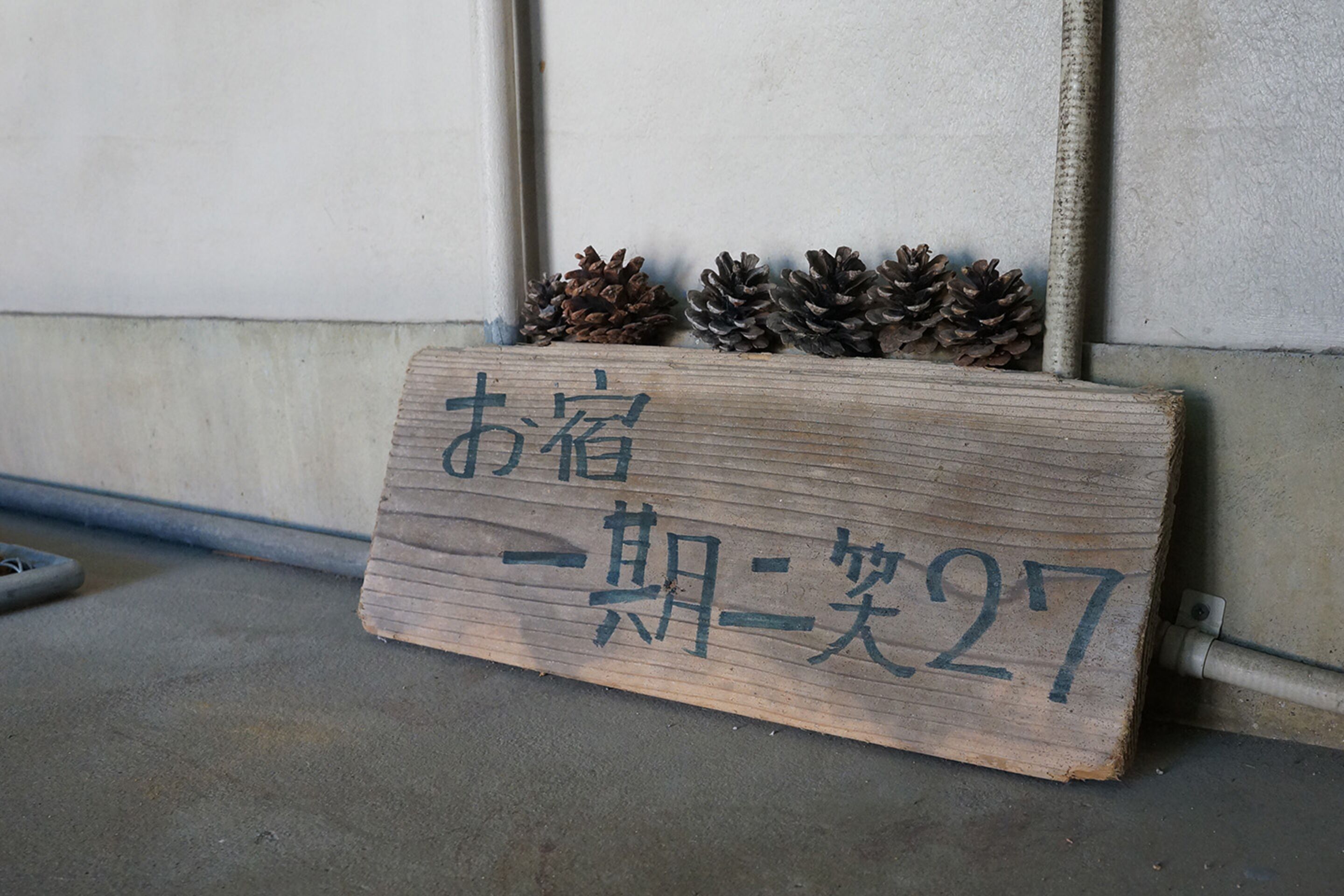 Un letrero de madera con caracteres japoneses y un número, colocado frente a una pared con piñas.