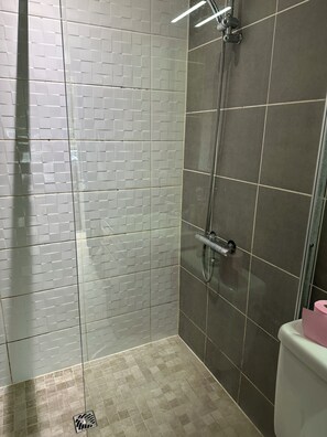 Shower, towels, soap, shampoo