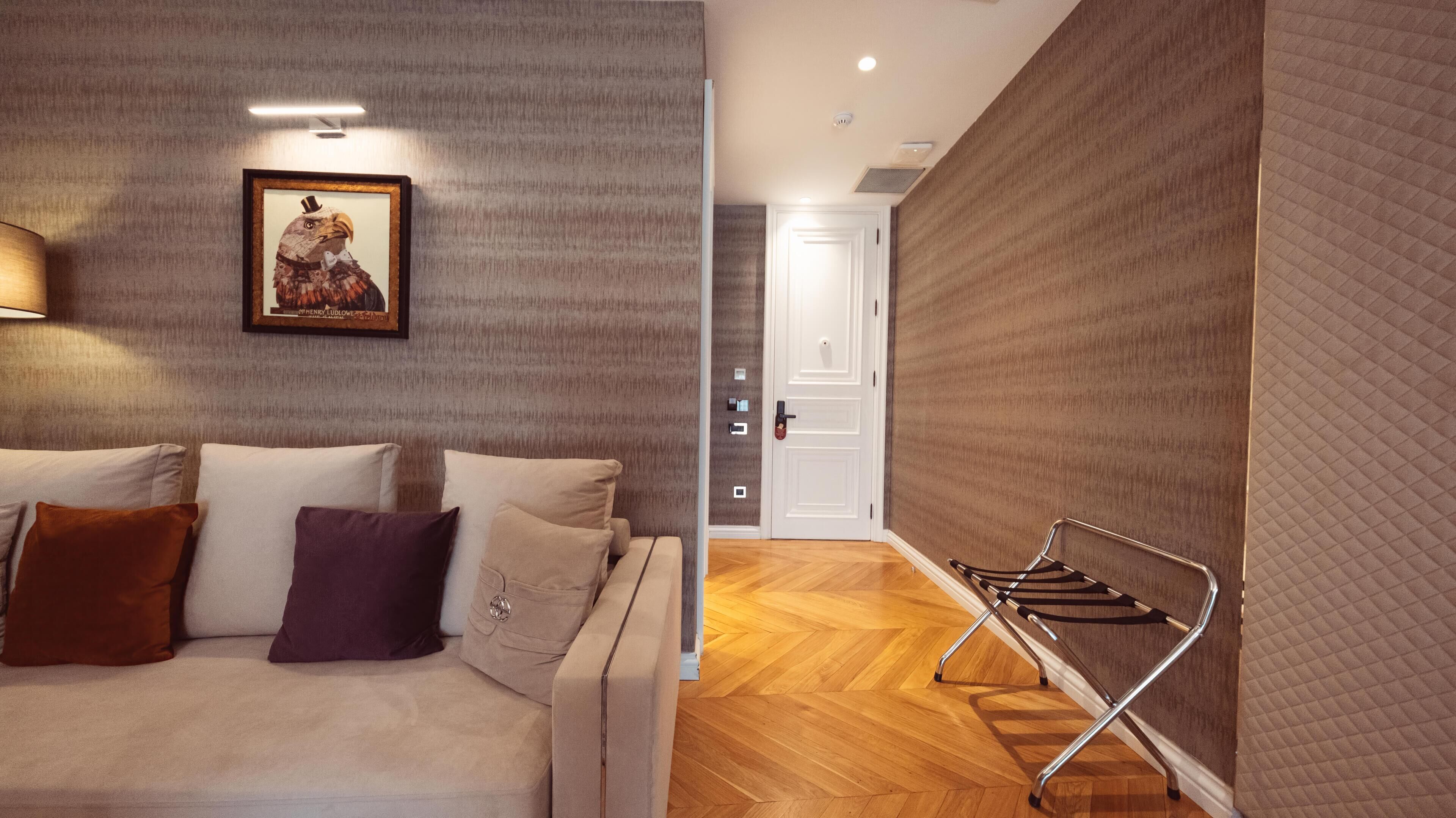 A hotel room with a sofa, pillows, a framed picture, a door, and a metal drying rack.