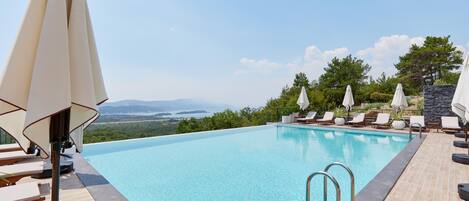 Seasonal outdoor pool, pool umbrellas, pool loungers