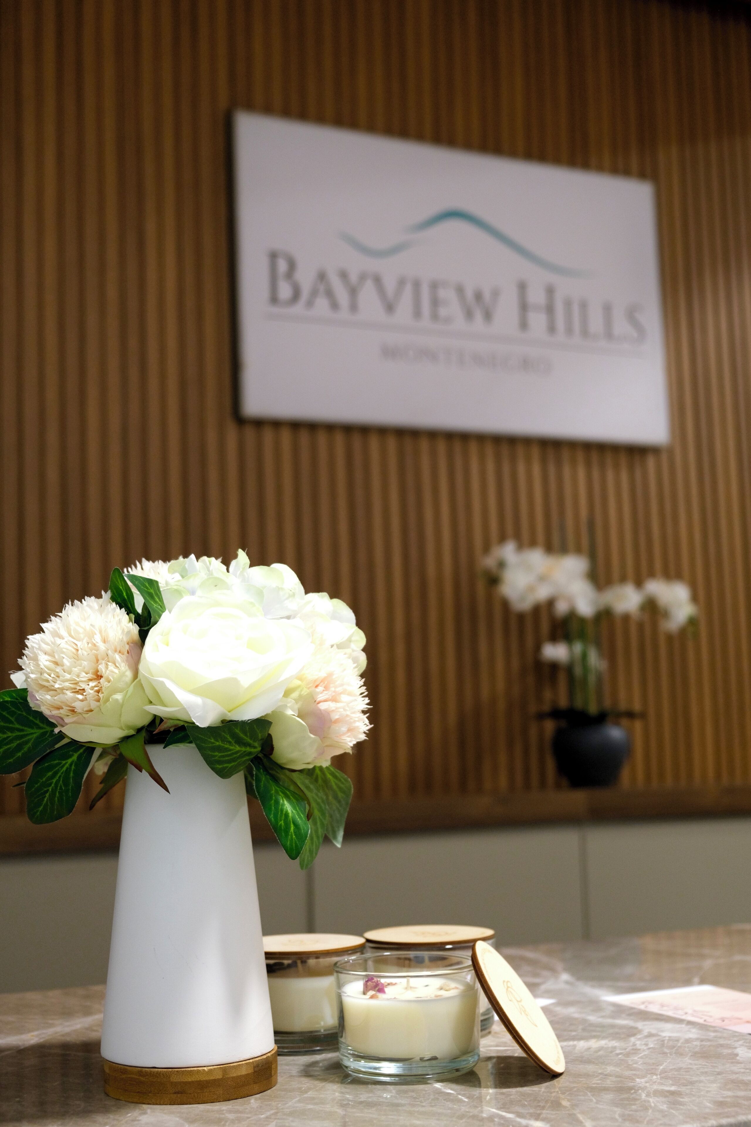 Um vaso branco com flores sobre uma superfície de mármore, uma placa com a inscrição 'Bayview Hills' e uma planta em vaso ao fundo.
