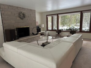 Una Smart TV, una chimenea, un reproductor de DVD, libros