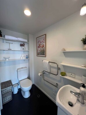 A bathroom with a toilet, bidet, sink, and shelves with toiletries.