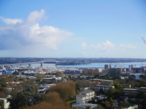 A coastal cityscape with a prominent bridge, buildings, and a waterfront. - Cosy studio with balcony and amazing views! (Auckland)