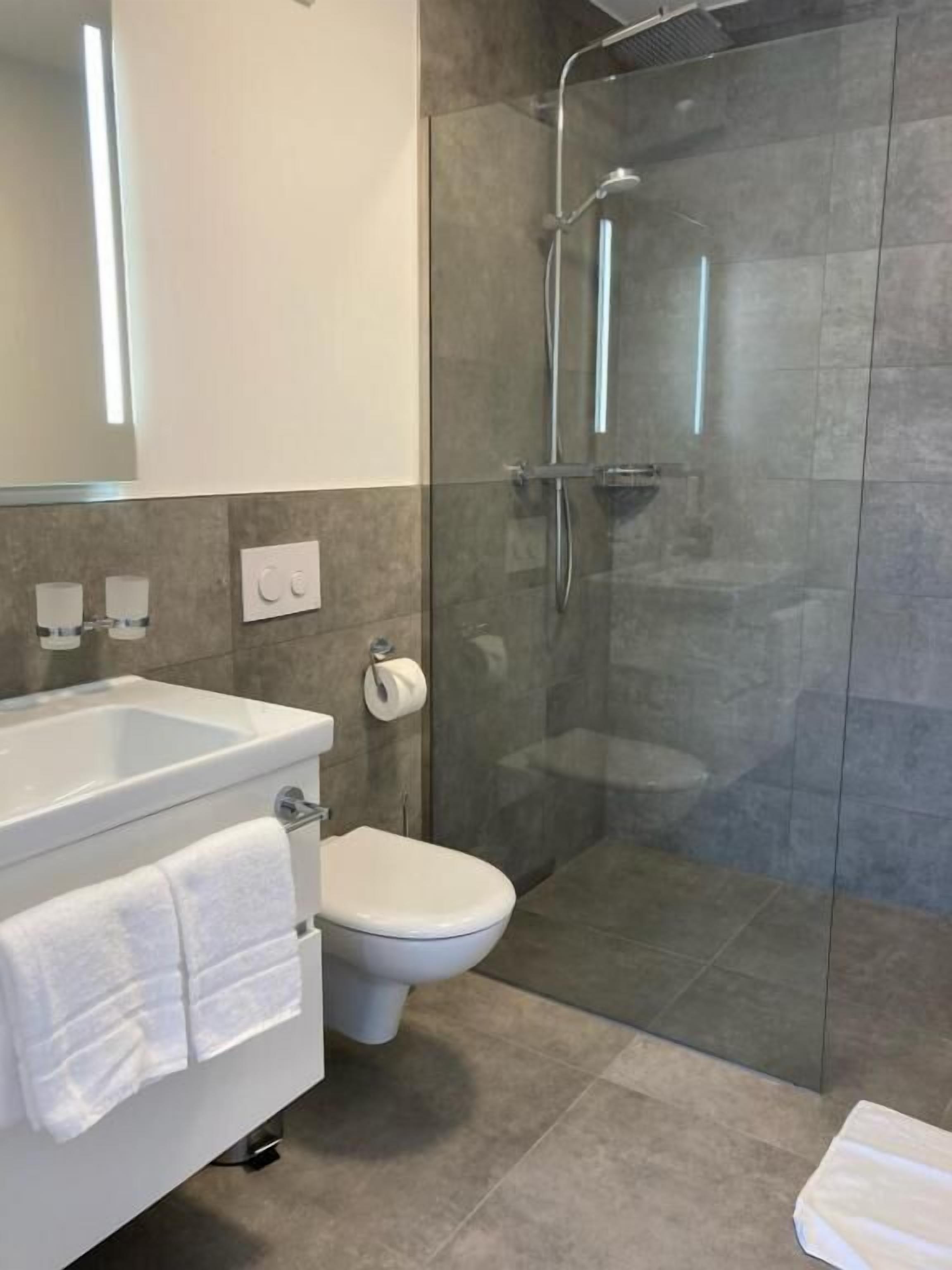 Ein modernes Badezimmer mit einer Duschkabine, einem weißen Waschbecken und einer Toilette.