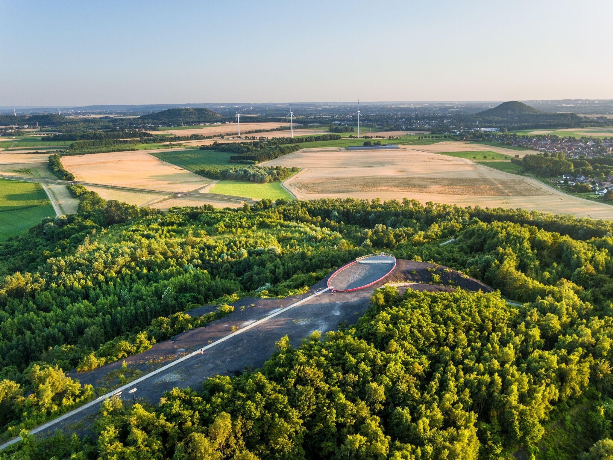 Vista aérea de una zona rural con un camino sinuoso, un bosque denso y aerogeneradores a lo lejos.