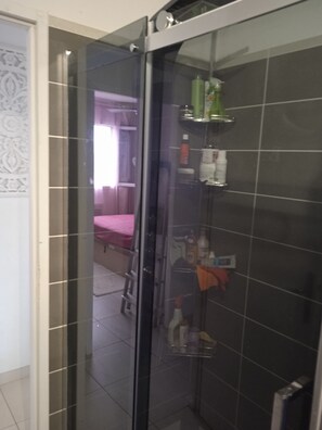 Dusche, Haartrockner, Handtücher, Seife