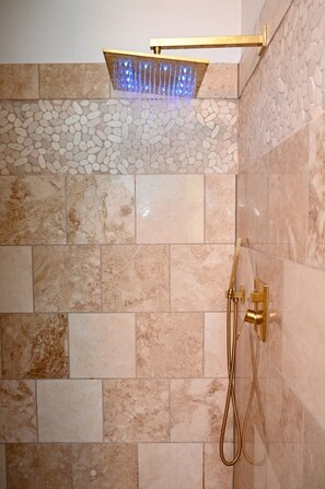 Combined shower/tub, hair dryer, towels, soap