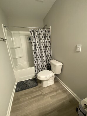 Combined shower/tub, hair dryer, bidet, towels