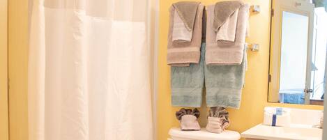 A bathroom with a toilet, a sink, a mirror, and a shower curtain.