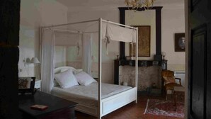 A four-poster bed with a canopy, a fireplace, a chair, and a small table with a book. - Château de Rosans (Rosans)