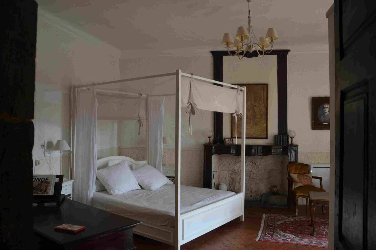 A four-poster bed with a canopy, a fireplace, a chair, and a small table with a book.