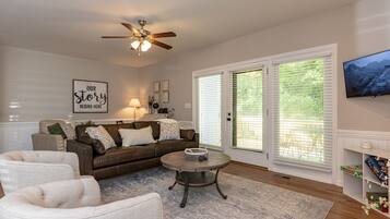 TV connectée, cheminée, livres