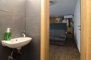 Dusche, Haartrockner, Handtücher, Seife