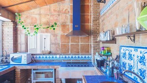 A kitchen with a brick wall, a microwave, a sink, and a hanging plant. - Cubo's Finca Sanchez Aranda / Private swimming pool / free wifi (Alhaurín el Grande)