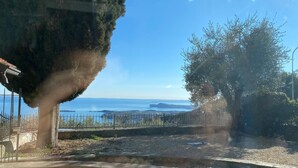 A paved area with a metal fence, trees, and a view of a body of water and distant land.