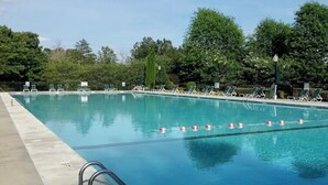 A swimming pool with clear blue water, surrounded by green trees and a concrete deck. - Pet-Friendly Lakefront Retreat • Hot Tub, Sandy Shore & Fenced Yard (Westminster)