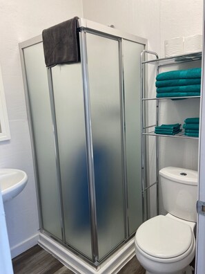 Ducha, secador de pelo, toallas, jabón