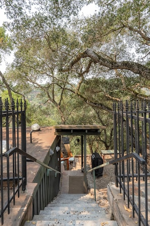 A staircase leading to a covered area with a view of a forested landscape. - Romantic Treehouse Wellness Retreat (Carmel Valley)