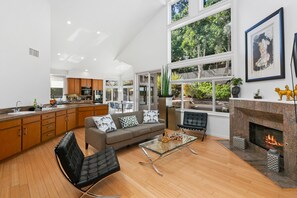 Smart TV, fireplace, foosball