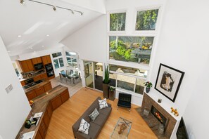 Smart TV, fireplace, foosball