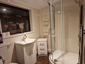 Regadera, toallas, jabón, shampoo 