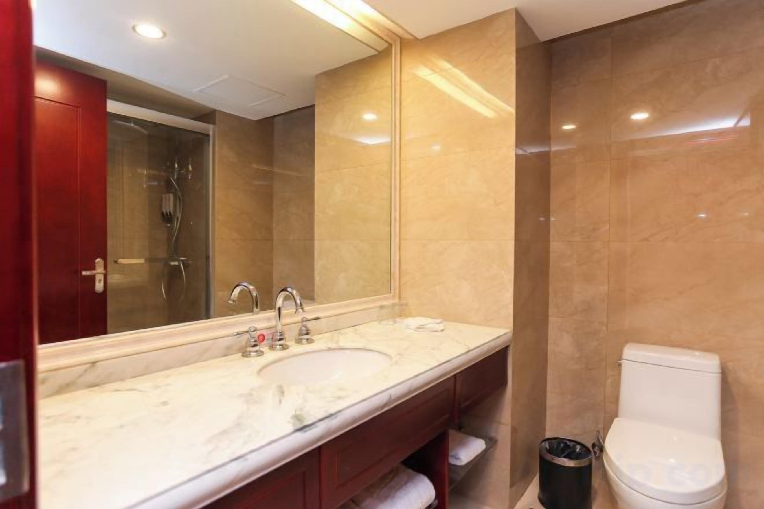 A bathroom with a marble sink, a large mirror, a toilet, and a trash bin.