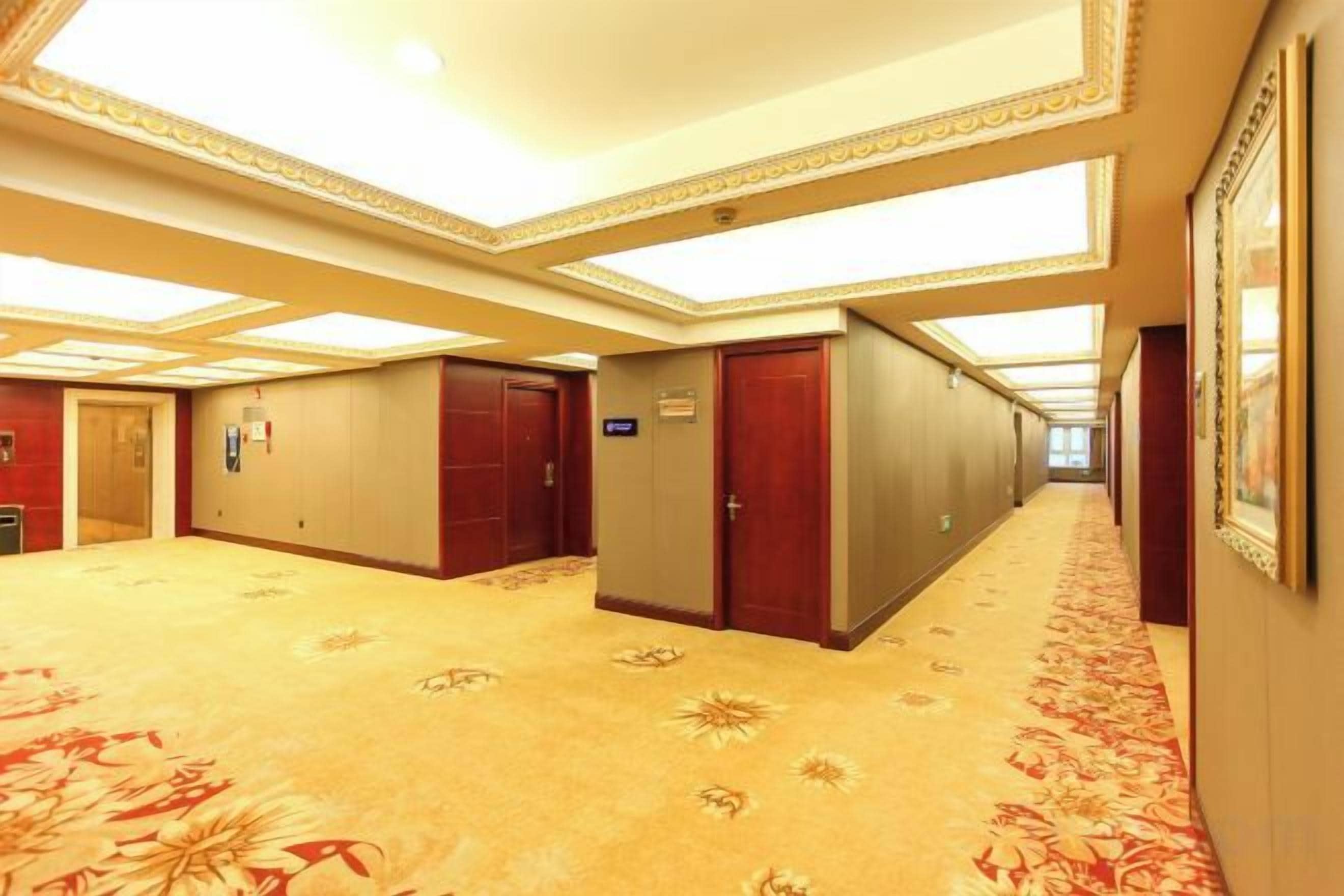 A hotel corridor with multiple doors, carpeted floors, and ceiling lights.