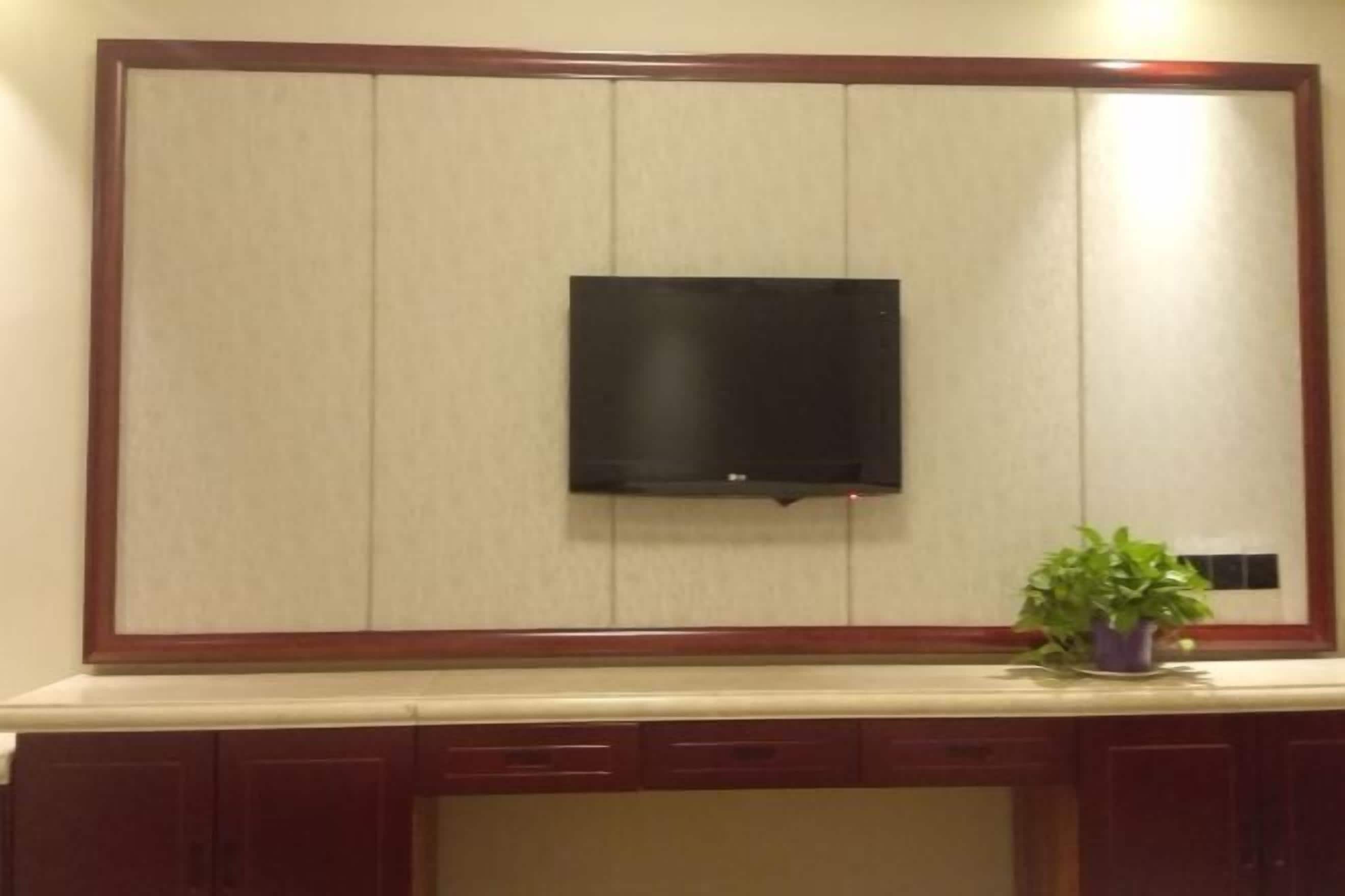 Televisor de pantalla plana montado en la pared, con armarios de madera debajo.