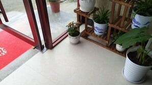 A hotel entrance with a red carpet, potted plants, and a wooden rack holding more plants.