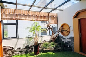 Une pièce dotée d’un plafond en verre, d’une plante en pot, d’un mur en pierre et d’une porte en bois.