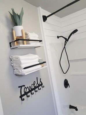 Combined shower/bathtub, hair dryer, towels, toilet paper - free private parking, washer dryer, back porch with a view, family friendly  (Fort Worth)