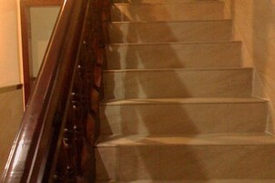 A staircase with a wooden handrail and beige carpeted steps.